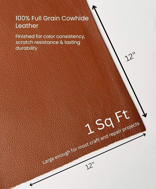 Natural Grain Cow Leathers: 12'' x 12'' Pre-Cut Leather Pieces (Cognac, 1 Piece)