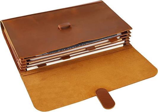 Genuine Leather File Folder, Accordian File Organizer, Leather Document Holder Resume Folio for Men & Women - Brown