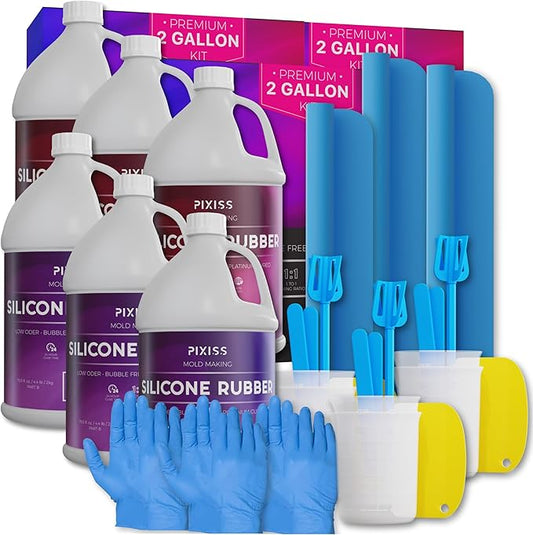 Silicone Mold Making Kit Liquid Silicone Rubber (25 kg/6 Gallon Kit) with Accessories Kit (3-Pack) - Mixing Ratio 1:1 - Bubble Free Translucent Clear Silicone Mix for Silicone Rubber Mold Making