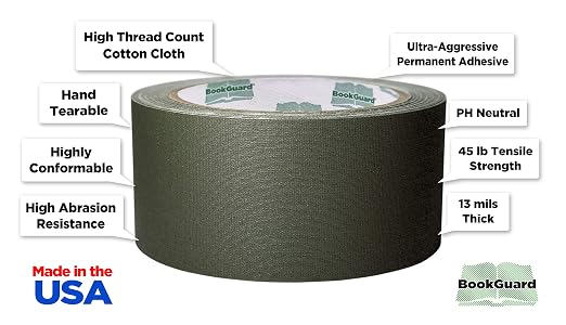 BookGuard 2 inch Premium Bookbinding Repair Cloth Tape, 15 Yard Roll, Olive
