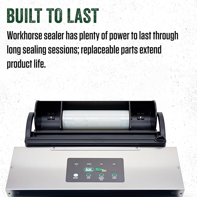 LEM Products MaxVac 500 Vacuum Sealer Machine, Heavy-Duty Aluminum Food Vacuum Sealer for Freezer Storage, Includes Bag Roll Holder, Cutter, Bag Roll