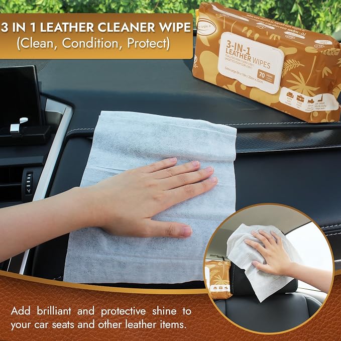 Air Jungles 3in1 Leather Cleaner Wipes 70 Count, Extra Large 8" x 10" Size | Clean Condition Protect Wipes for Vinyl and Leather Apparel Furniture Auto Car Interior Shoes Boots Bags