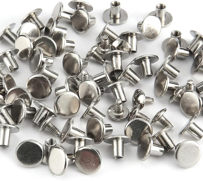 YORANYO 100 Sets Silver Color Round Flat Head Chicago Screws for Leather Chicago Rivets Kit Button Studs Leather Rivets Chicago Screw for Leather Crafting Clothing Shoes Belts Bags 25/64 Inch
