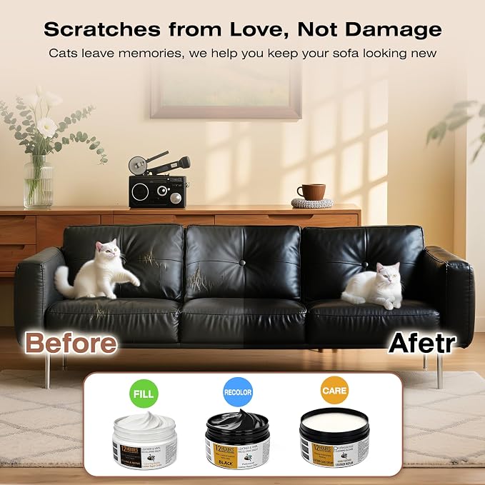 12H Quick-Dry Leather Repair Kit with 3.53Oz Leather Recoloring Balm, Filler & 4.23Oz Conditioner & Cleaner, 3-in-1 Vinyl Repair Set for Couch, Car Seat, Jacket, Shoes, Faux Leather, Light Tan/Brown