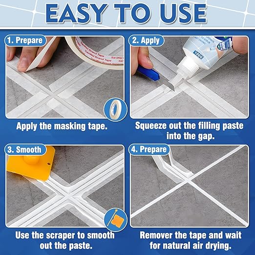 Tile Grout Repair Kit, White Fast Drying Grout Filler for Bathroom, Kitchen, Shower, Versatile Triple Use with Grout Sealer, Replace Grout Pen for Restore and Renew Tile Joints Line