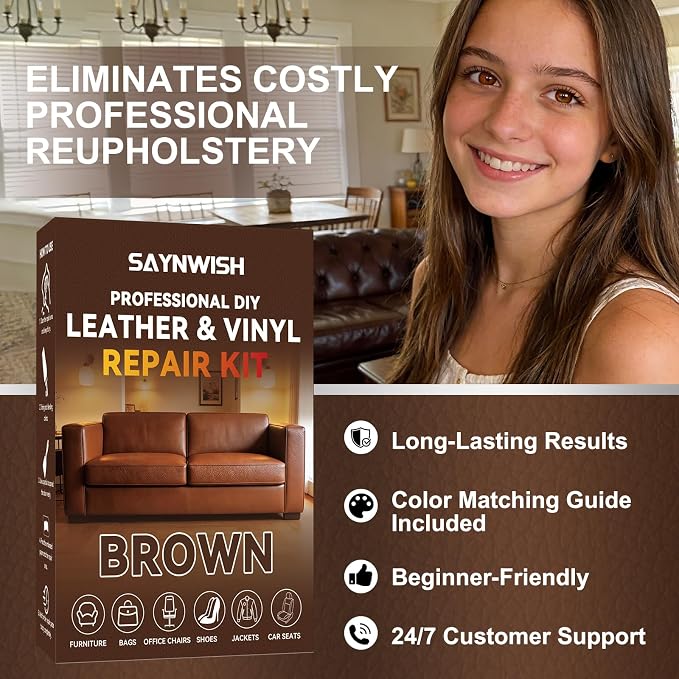 Leather Repair Kit - Restores Faux,Vinyl,Artificial and Real Leather,Sofa,Jacket,Car Seats and Purse.Professional Results,Repairs Burn Holes,Scratches,Tears (Brown)