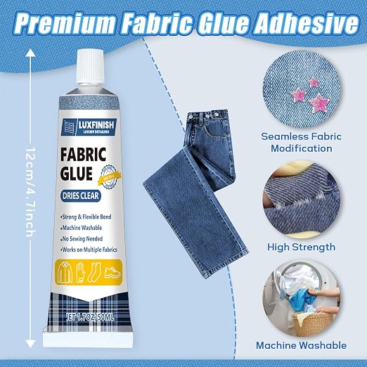 Permanent Fabric Glue for Patches on Clothes - Washable, Clear & Flexible Multi-Purpose Fabric Adhesive for Denim, Leather, Cotton, Polyester - Extra Strong Bond for Doll Repair & Crafts (50g/1.76oz)