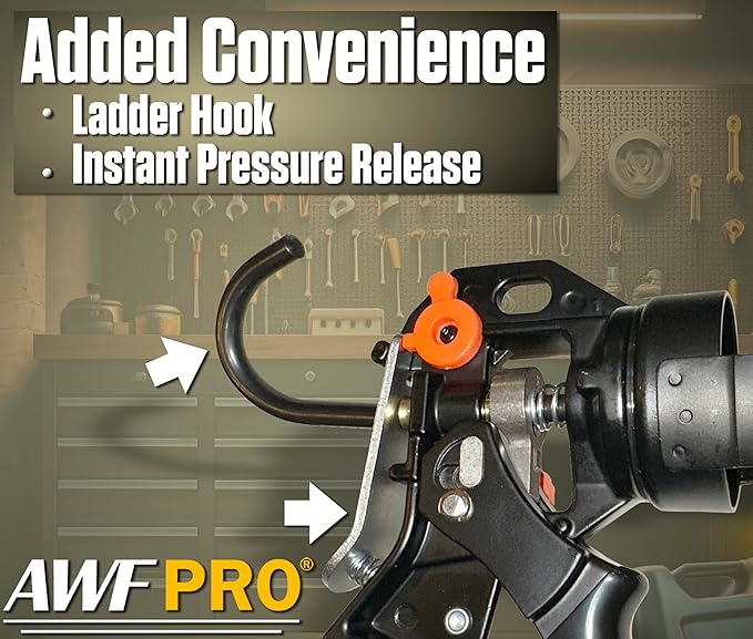 AWF PRO 10 oz Dual Thrust Caulk Gun, 25:1 or 12:1 Thrust Ratio, No Drip, Rotating Barrel, Comfort Grip, with Built-In Puncture Tool