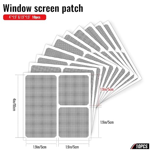 Matenf Window Screen Repair Patch, 10 Patches, 4"*1.9" & 1.9"*1.9", Black, 3-Layer Strong Adhesive Window Screen Mesh Tape, Repair Kit for Window and Door Screen Tears Holes