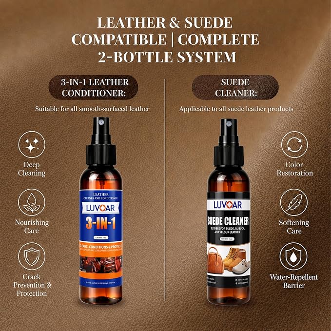 Leather Cleaner and Conditioner Kit - and More for Car Interiors, Apparel, Furniture, Boots & Accessories - with Microfiber Brush & Microfiber Cloth 2 Bottles (4 oz Each)