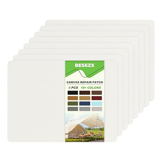 Besezx Canvas Repair Patch,Outdoor Gear Patch,7.87x5.9 Inches 8PCS,Waterproof Self-Adhesive Fabric Repair Tape for Repairing Boat Covers,Sun Shades,Sofas,Tents,Lounge Chairs,Awnings (Off White)
