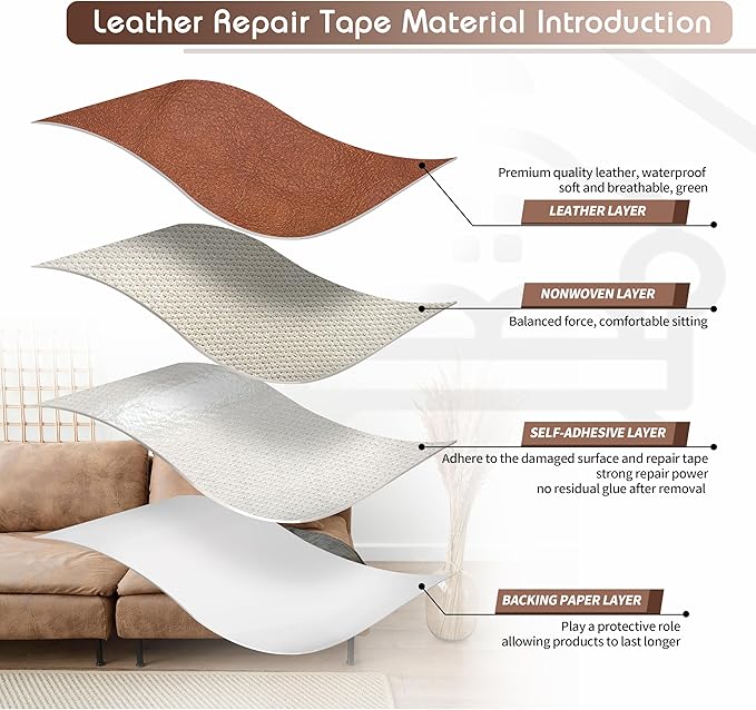 KING MOUNTAIN Leather Repair Patch,12 x 60 Inches self Adhesive Leather Repair Tape for Damaged Leather Furniture, Sofa Seating,Car Seats, Leather Goods（Classic Brown）