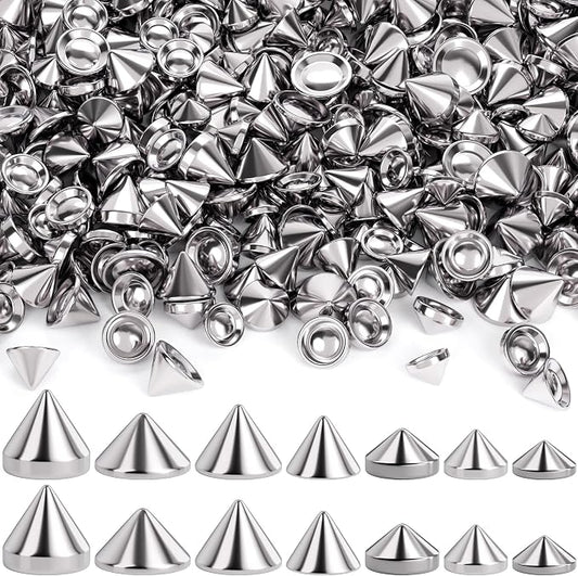 OIIKI 140PCS ABS Bullet Spike Cone Studs, 7 Styles Rivets Cone Spike Studs Beads, Flat Back Punk Spikes DIY Crafts Studs Glue on Decoration for Leather Clothes Belt Bags Jewelry Trims - Silver