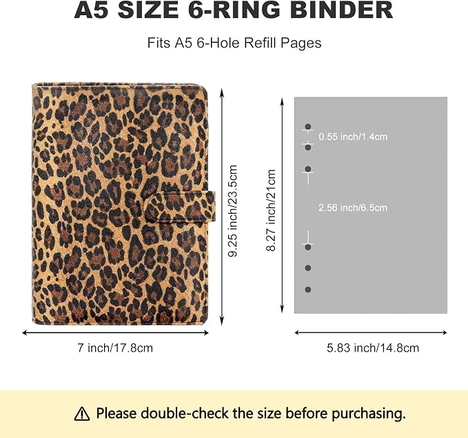 Convend A5/A6 Refillable 6 Ring Faux Leather Binder with Raised Leopard Texture,Mini Notebook Binder Cover for A5 Filler Paper,Loose Leaf Personal Planner Cover with Magnetic Buckle Closure(Leopard)