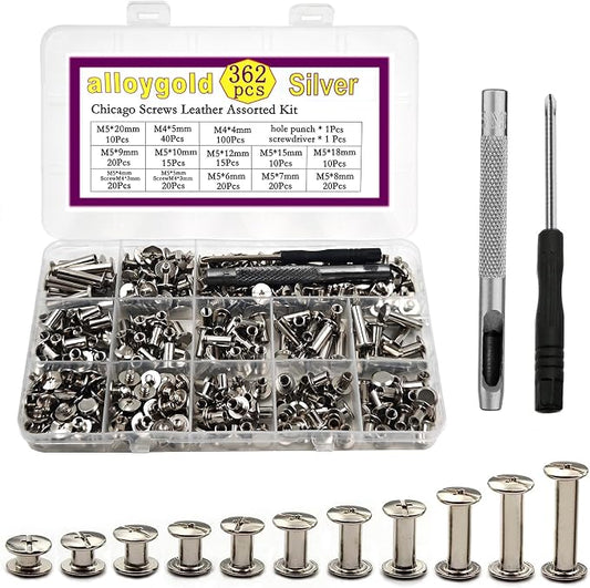 362 Pcs 11 Sizes M5 Silver Chicago Screws Leather Rivets with Punch and Screwdriver Assorted Kit,for Decorate and Repair Leather Craft Belt Bag Shoes Purse Bookbinding