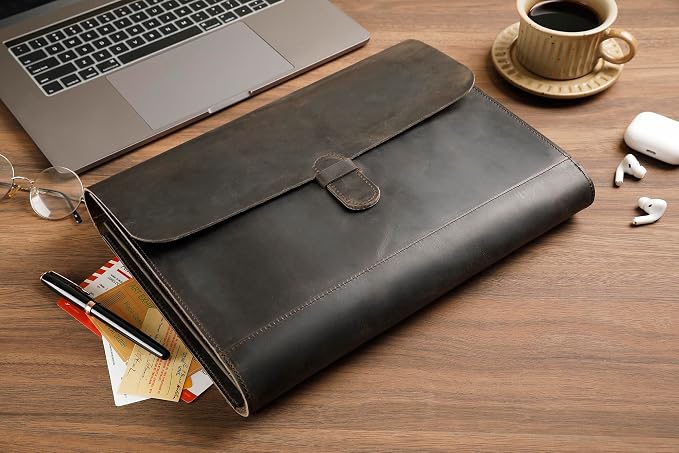 Genuine Leather File Folder, Accordian File Organizer, Leather Document Holder Resume Folio for Men & Women-Grey-Custom