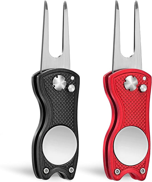 Mile High Life Golf Divot Repair Tool, All Metal Foldable Divot Tool with Pop-up Button & Magnetic Ball Marker, 2-6 Pack