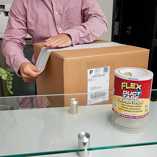 Flex Duct Tape, Super Wide, 4.6 Inches x 20 Feet, White, Heavy Duty Strong, Multi-Surface, Water, Weather and UV Resistant, Tearable, Perfect for Boxes, No Residue