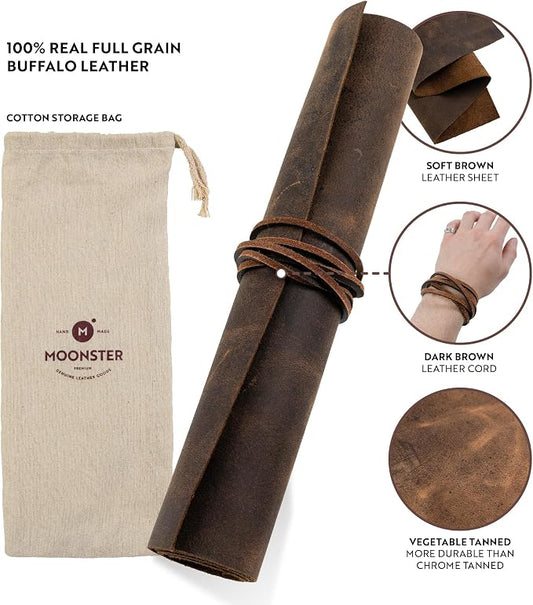 Moonster Full-Grain Buffalo Leather Sheet 12x24 – Veg Tan Crafting Leather for Leatherworking, DIY Projects – Leather Sheet, Tooling Leather, Leather Scraps, Cowhide Leather Crafting Kit, 36 Inch Cord