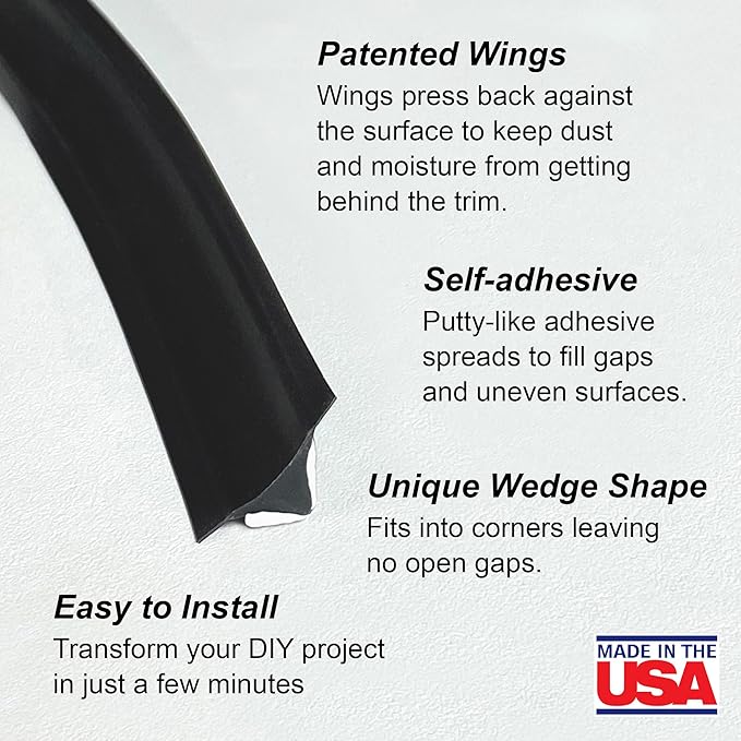 InstaTrim Peel & Stick Flexible Caulk Tape & Trim, Easy to use, self-Adhesive, Caulk sealant for Floors, Doors, Windows, counters, tubs and More - Made in USA, 1/2 inch x 10 feet, 2-Pack, Black
