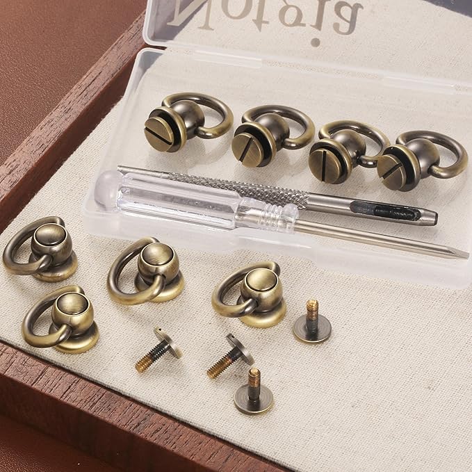 Notgia 4Pcs D Rings for Purse Brass Rivets for Leather Rotatable Purse Strap Hardware Ball Button Studs for Handbag D Rings Chicago Screws for Repair Purse Dog Collar Leather Crafts (Brushed Bronze)