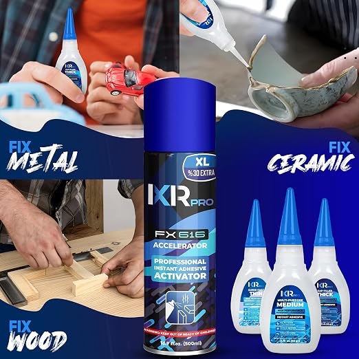 CA Glue with Activator Kit – 18 x 1.75 oz (Thin, Medium, Thick) + 6X 16.9 fl oz Accelerator Spray, Cyanoacrylate Super Glue for Woodworking, 3D Printing, Plastic, Guitar Repair & Hobby Projects