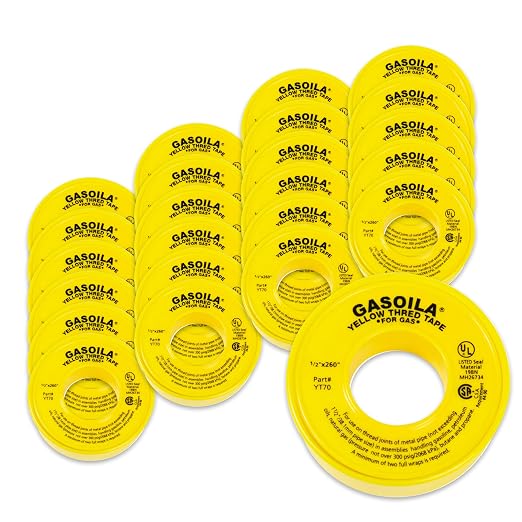 Gasoila Yellow PTFE Thread Seal Tape – Professional-Grade, 1/2 Inch x 260 Inch, High-Density Thread Tape for Gas Lines – Leak-Proof Seal, Non-Toxic, Pack of 24