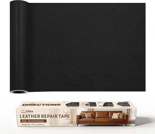 ONine Leather Repair Patch，Leather Repair Tape, 8 x 48 inches Leather Repair Patch for Furniture,Vinyl Repair kit，Leather Couch Patch，for Sofas, Furniture, car Seats(Black)