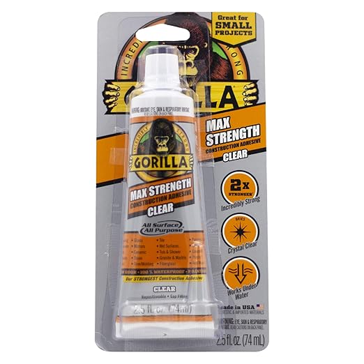 Gorilla Max Strength Construction Adhesive, Clear Glue, 2.5 Ounce Squeeze Tube (Pack of 2) - Gap Filling and Waterproof