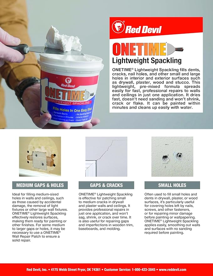 Red Devil 0549 ONETIME Lightweight Spackling Patch-A-Wall Kit, 1/2 Pint, Made in USA