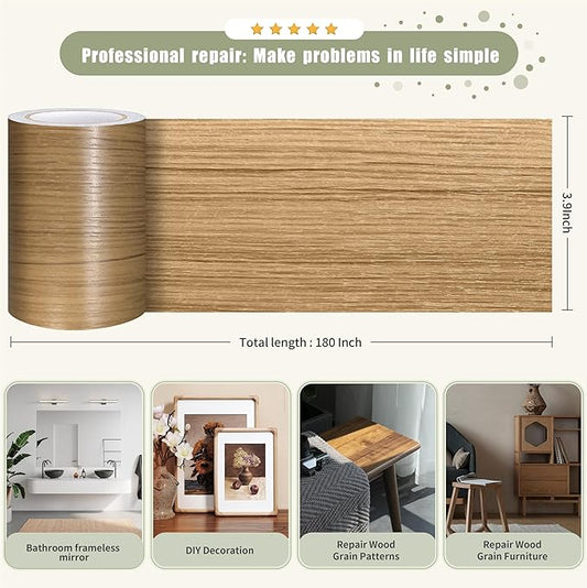 Besezx Wood Grain Tape, 3.9" X15', Self Adhesive Wood Grain Repair Patch for Tables, Chairs, DIY,Baseboards, Doors, Windows, Floors and Furniture Renovation.（Natural Wood Grain）