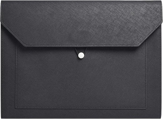 PU Leather A4 File Folder Document Holder 2 Pockets Portfolio Envelope Folder Case with Elastic String 3/4 Inch Expansion (Black)
