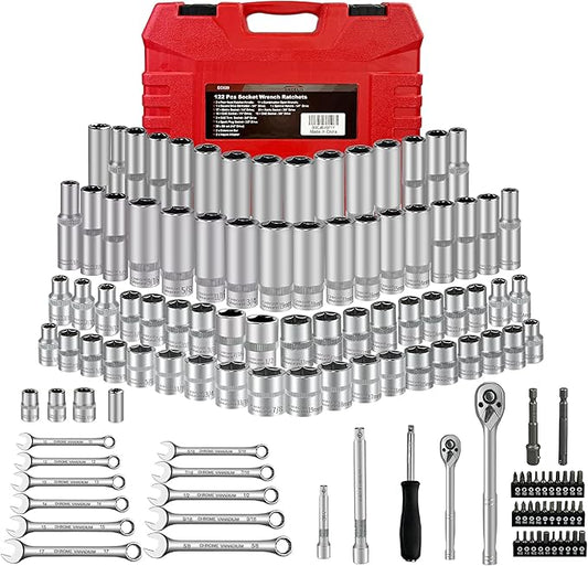 EACELIY 122Pcs 1/4" & 3/8” Drive Impact Socket Set, Ratchet Socket Wrench Set with Extention Bar, Adapter, Screw Bits,Drive Bit Holder, Spark Plug Socket,CR-V
