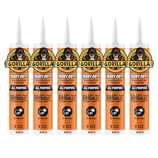 Gorilla Heavy Duty Construction Adhesive, White Glue, 9 Ounce Cartridge (Pack of 6) - Gap Filling and Waterproof