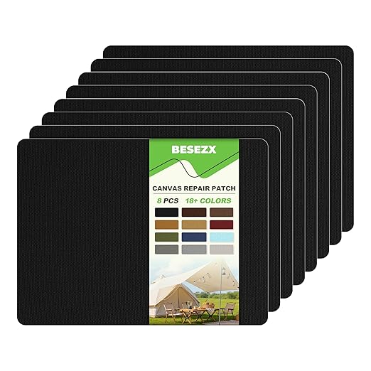 Besezx Canvas Repair Patch,Outdoor Gear Patch, 7.87x5.9 Inches 8PCS,Waterproof Self-Adhesive Fabric Repair Tape for Repairing Boat Covers,Sun Shades,Sofas,Tents,Lounge Chairs,Awnings (Black)