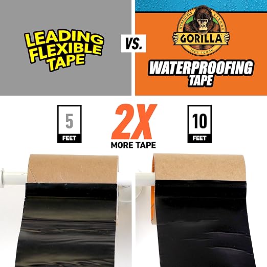 GORILLA Waterproof Patch & Seal Tape, Black Tape, 4" x 10' (Pack of 3) - Permanent Weather Resistant Seal for Leaks and Repairs