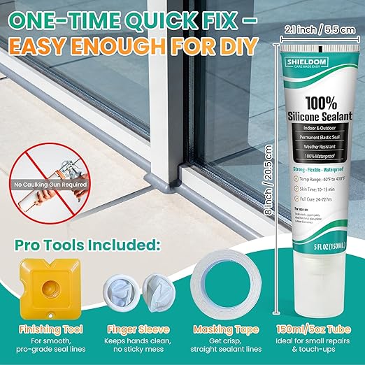 SHIELDOM Silicone Sealant Adhesive Silicone Caulk with Finishing Tool 100% Waterproof Seal Shrink & Crack Proof, Flexible, Strong Adhesion for Automotive, Bathroom, Kitchen, Windows 150ML/5Oz (Grey)
