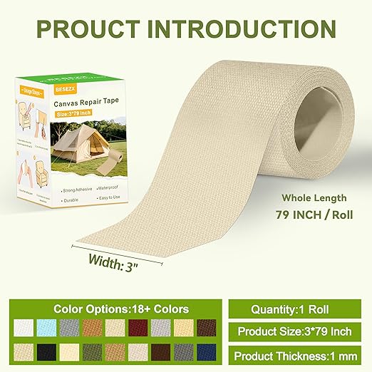 Besezx Canvas Repair Tape,Outdoor Gear Patch, 3x79 Inches,Waterproof Self-Adhesive Fabric Repair Tape for Repairing Boat Covers,Sun Shades,Sofas,Tents,Lounge Chairs,Awnings (Rice Coffee)