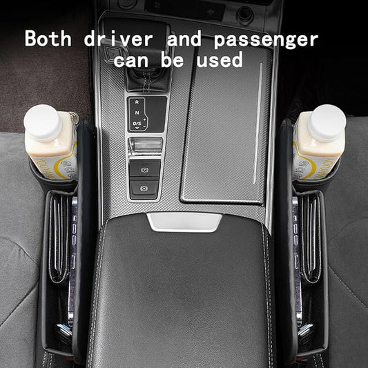 Car Seat Gap Filler, Leather Car Seat Gap Organizer, Automotive Side Seat Storage Box with Cup Holders, Gap Filler for Car, Car Accessories Seat Gap Filler (Driver Seat, Black)