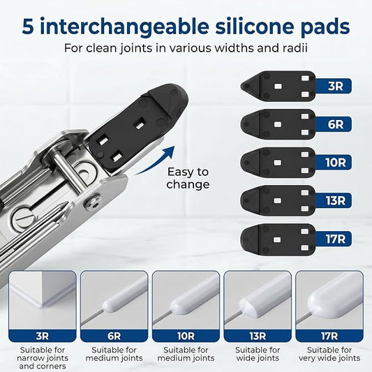 6-in-1 Caulking Tool Kit for Removing Old Caulk and Smoothing New Sealant, Stainless Steel Caulk Remover with 5 Silicone Pads for Bathroom, Kitchen, Window, Sink and Tile
