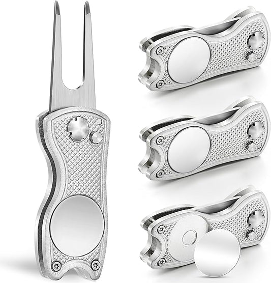 Mile High Life Golf Divot Repair Tool, All Metal Foldable Divot Tool with Pop-up Button & Magnetic Ball Marker, 2-6 Pack