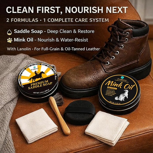 Feilove Leather Boot Care Kit – Mink Oil & Saddle Soap for Leather with Applicators & Cloths – 6-Piece Leather Shoe Care Kit for Cowboy Boots, Work Boots, Shoes & Tack
