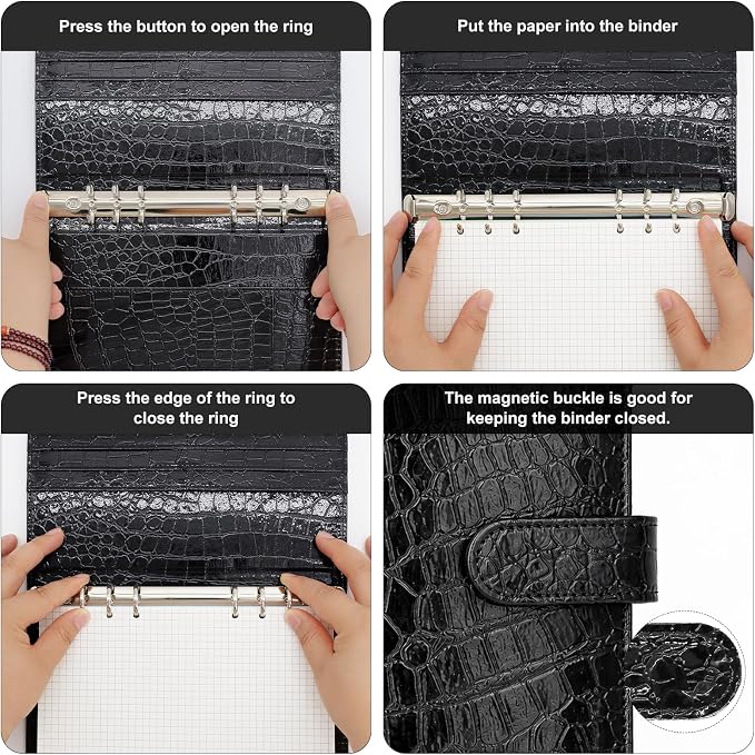 Convend A6/A5 Refillable 6 Ring Faux Leather Budget Binder,Mini Notebook Binder Cover for A5 Filler Paper,Loose Leaf Personal Planner Cover with Magnetic Buckle Closure(Crocodile-Black)
