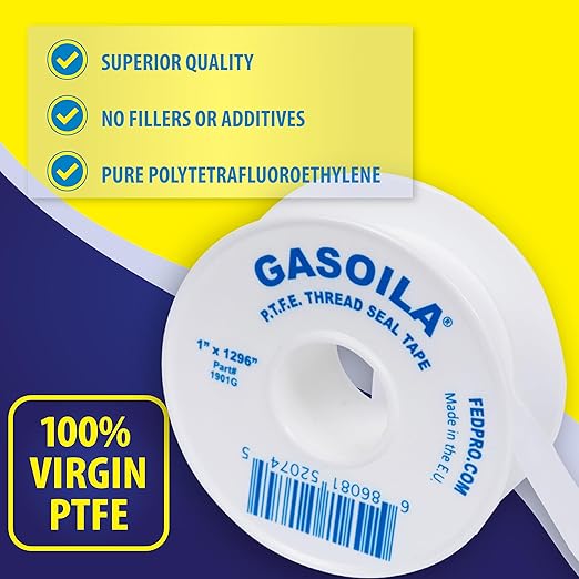 Gasoila PTFE Thread Seal Tape – Professional-Grade, 1 Inch x 1296 Inch, Low-Density Thread Tape for Plumbing and Water Pipes – Leak-Proof Seal, Non-Toxic
