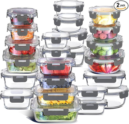 EATEX 48pc Glass Storage Containers with Lids, 24 Glass Food Storage Containers with 24 Airtight Lids for Pantry & Kitchen, Meal Prep Containers for Lunch, Oven Freezer Microwave & Dishwasher Safe