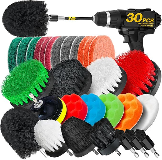 Holikme 30 Piece Drill Brush Set, Scrub Pads Scrubber Brush with Extend Long Handle Clean for Grout, Tiles, Bathtub, Bathroom, Kitchen, Bristle Discs,Black