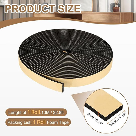 PATIKIL Foam Insulation Tape, 1-3/16" W x 1/4" t x 32.8FT Self Adhesive Weather Stripping Door Seal Strip for Door Window Air Conditioning, Black
