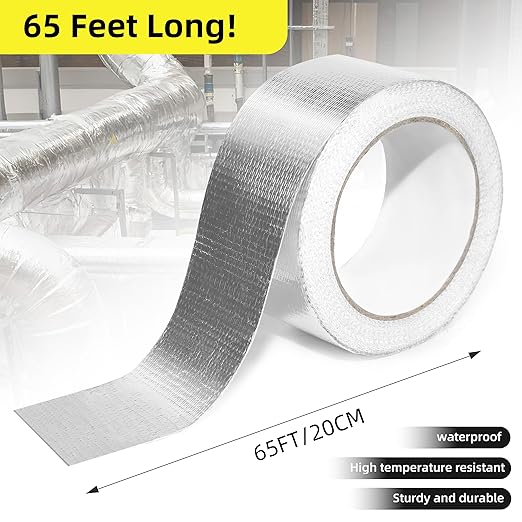 2 Inch x 65 Ft Fiberglass Reinforced Aluminum Foil Tape, Heavy Duty HVAC Foil Tape for Dryer Vent, Ductwork, Metal Repair, Heat & Moisture Resistant, Silver