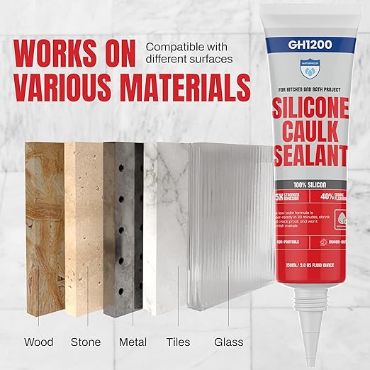 GH1200 150 ML/5 FL Oz Silicone Caulk Clear Silicone Sealant Waterproof, Kitchen & Bathroom Caulk - Shrink & Crack Proof - Indoor & Outdoor Use Silicone Glue - Strong Caulking Formula Tube