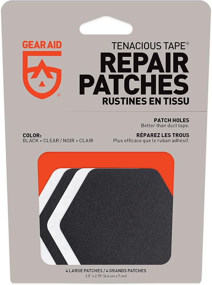 GEAR AID Tenacious Tape Hex – 2.5” Repair Patches (4 Patches, Clear/Black) – Peel-and-Stick Outdoor Nylon Fabric to Fix Holes and Burns in Down Jackets, Rain Gear and Tents